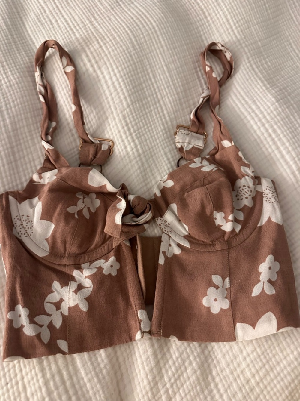 For Love And Lemons Mauve-Brown Floral Tie-Front Bustier Top